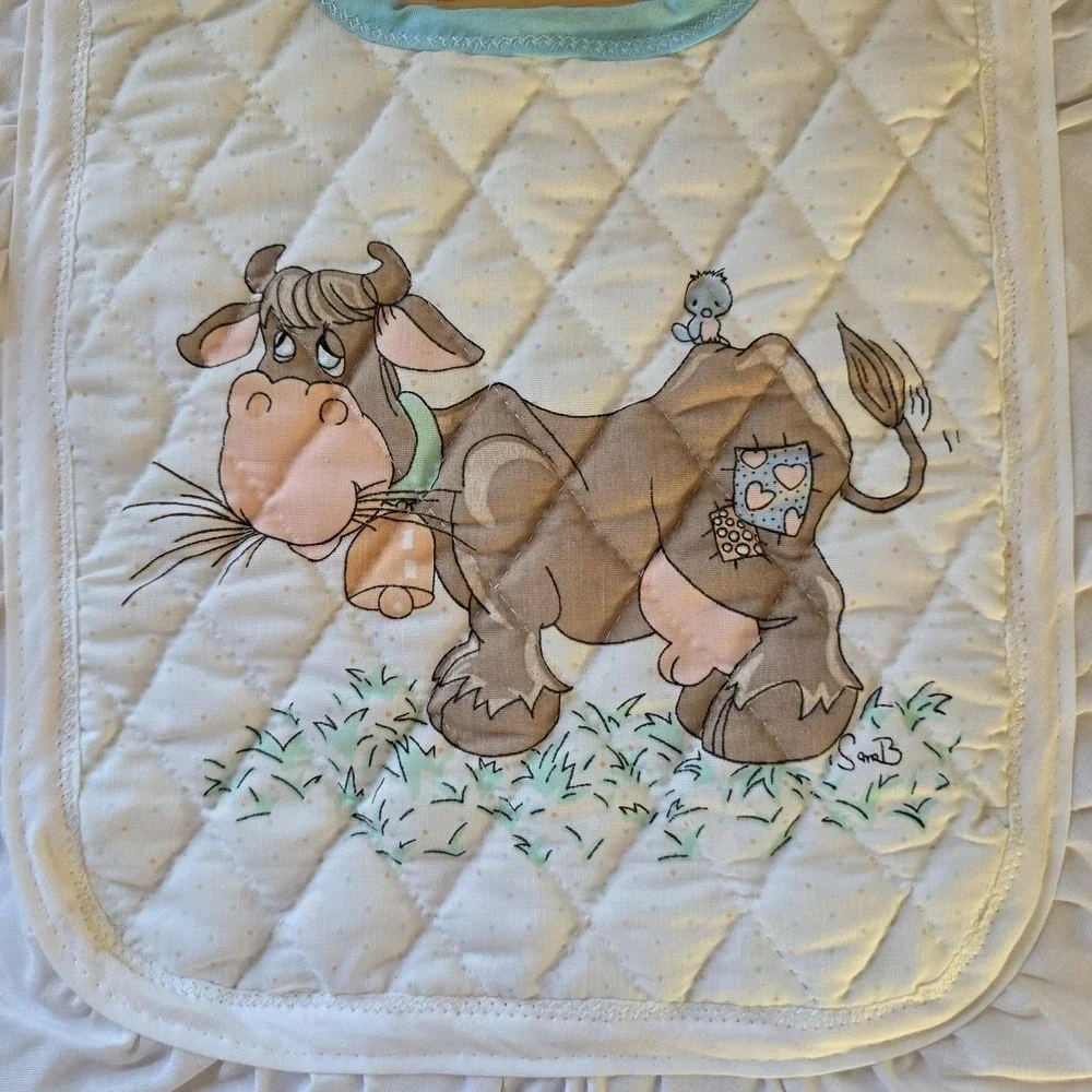 Baby Bib Cow Quilted Cotton, Ruffled Edge, Precious Moments Fabric Vintage NWOT
